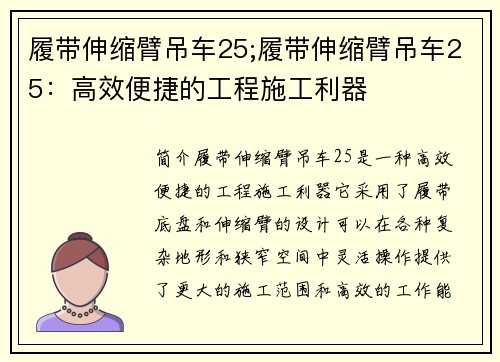 履带伸缩臂吊车25;履带伸缩臂吊车25：高效便捷的工程施工利器