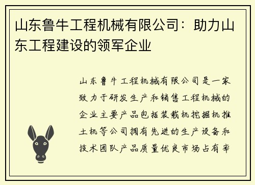 山东鲁牛工程机械有限公司：助力山东工程建设的领军企业